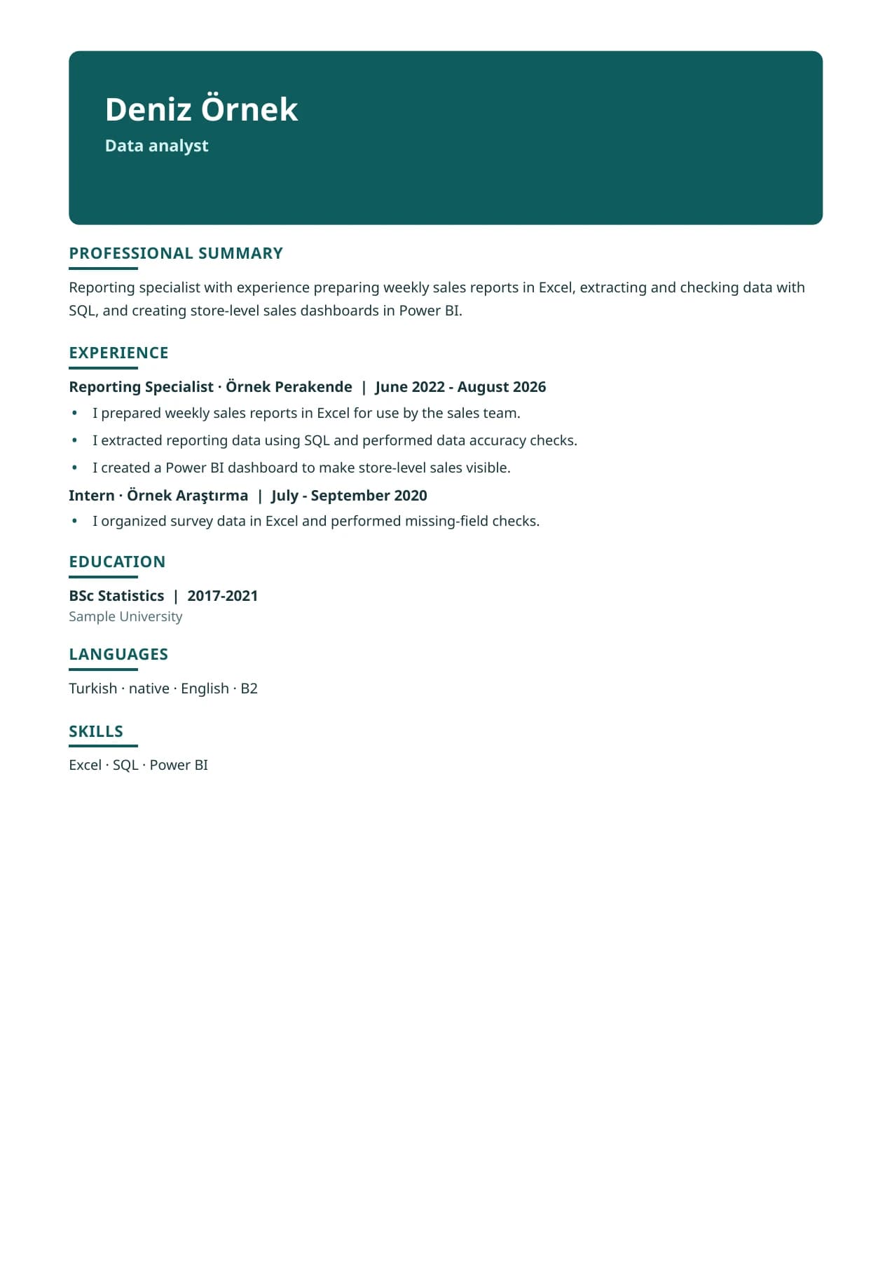 Deniz Örnek: Tailored CV. Full page rendered from the CV PDF