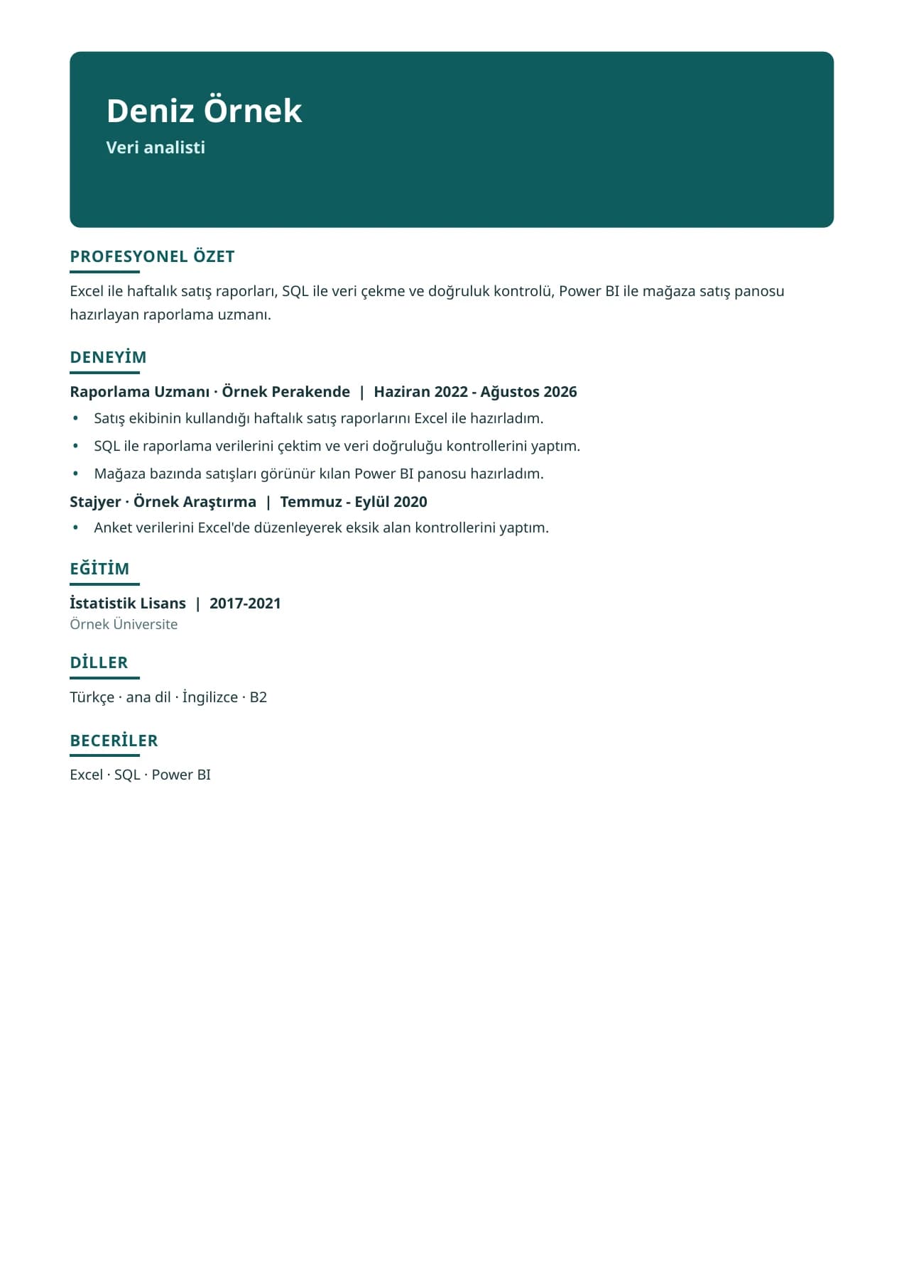 Deniz Örnek: Düzenlenmiş CV. CV PDF dosyasının tam sayfa görüntüsü